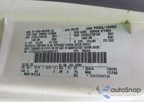 2002 Ford E-350 Super Duty Commercial/Recreational from USA, damaged, VIN 1FTSE34L92HA84131